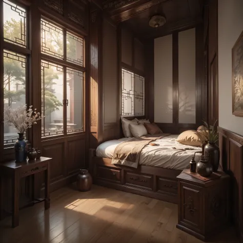 a traditional chinese bedroom with antique wooden furniture, delicate carvings, and soft lighting, featuring ancient-style doors...