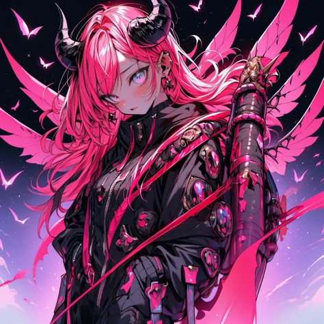 high quality full body, highly detailed, 8K Ultra HD, beautiful, 18 year old evil demon with wings, horns on head, glowing pink hair, full body, powerful nebula and blackhole flying In the background, luminescent light floating from the ground, calendario ...