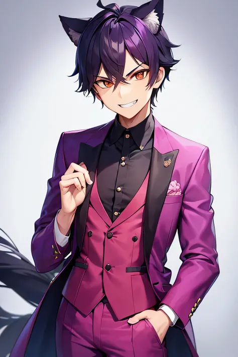 Fit and stylish, a charismatic Oni catboy with a mischievous grin, wearing a sleek Modern-Fit Mercantile Tailored Performance 2 Piece Suit in vibrant shades of purple and pink