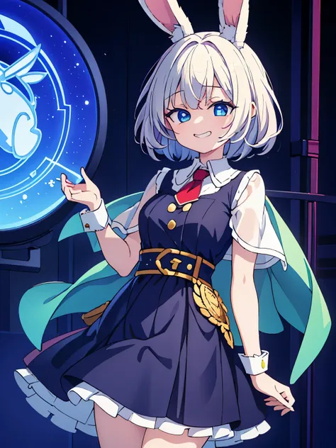 whole body，vertical painting，A cute loli，white short hair，The hair is a bit curly，Rabbit ears，Dark green and gold shawl，Dark blue long skirt，Retro，Red pupils