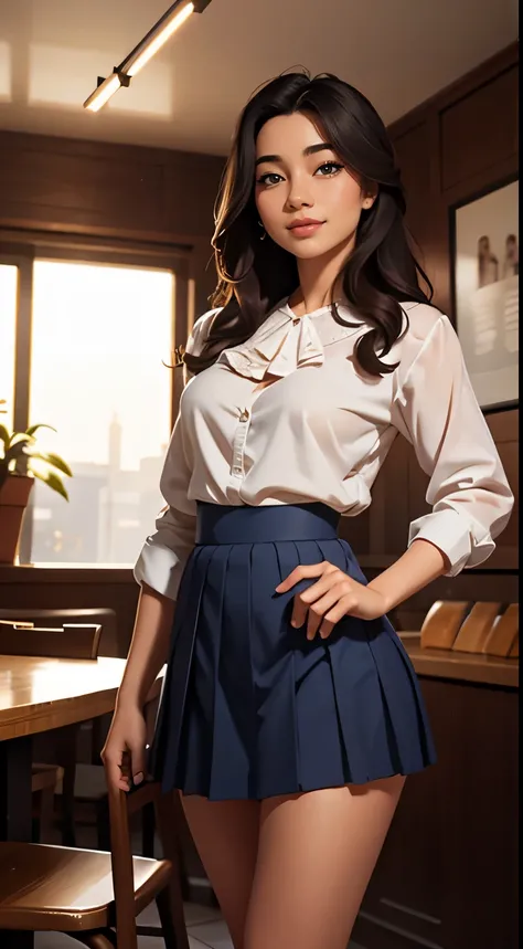 Foto hiperrealista en primer plano de Kim Joo, masterpiece, best quality, (photorealistic:1.4), full body,  (white blouse:1.2), (blue pleated skirt below the knees:1.1), heels, coffee shop,  cinematic light, beautiful woman, skinny, large big breasts, blac...