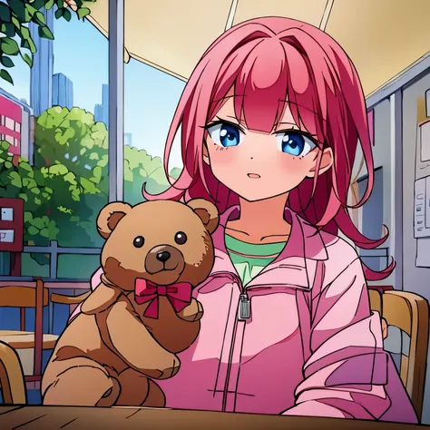 pink raincoat with red hair sits at the table and a little teddy bear in the daytime