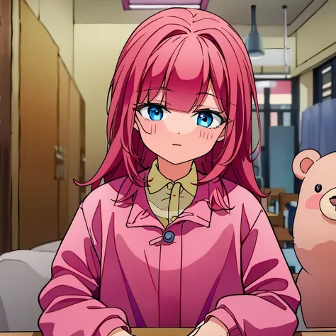 pink raincoat with red hair sits at the table and a little teddy bear in the daytime