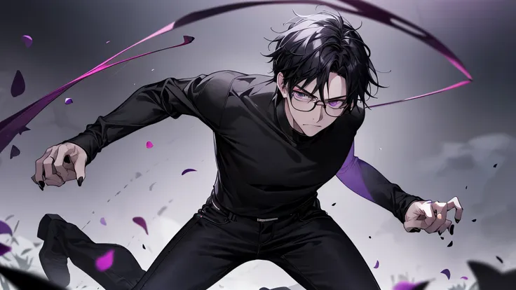 1 guy, black jeans, black shirt, press, Thin, pale, rings on fingers, black nails, Glasses, black hair, a little sporty, Glass eyes, anger, anger, cinematic lighting, Blur background, Best quality, Tiara on the head, broad sword in the ground, purple saura...