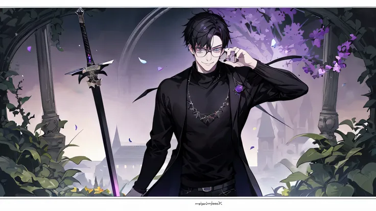 1 guy, black jeans, black sweater, press, Thin, pale, rings on fingers, black nails, Glasses, black hair, a little sporty, Glass eyes, Smiling, cinematic lighting, Best quality,wreath on his head, Tiara on the head, broad sword in the ground, purple saura ...