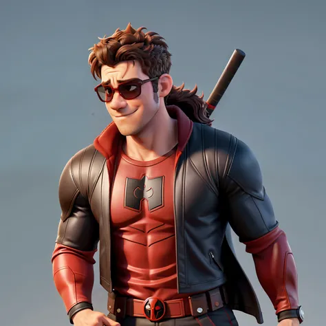 there is a man in a red and black costume holding two baseball bats, closeup shot, wearing sunglass, ryan reynolds dead pool, long hair samurai style haircut ,  film still of ryan reynolds, taron egerton as wolverine, profile shot, movie, portrait shot, fu...