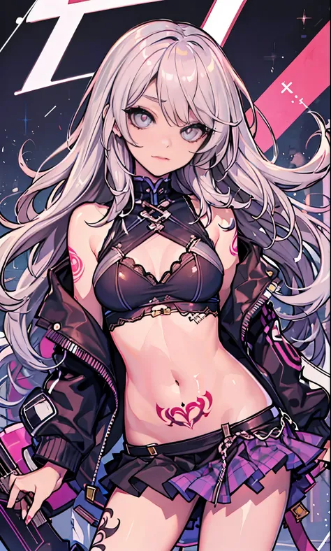 highest quality, clear and well-groomed face, Clear, bright and shining eyes, long eyelashes, punk girl, body tattoo, Navel exposed, Obscene lines, toned abdomen, mini skirt,