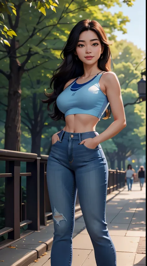 Foto hiperrealista en primer plano de Kim Joo from Korea, masterpiece, best quality, (photorealistic:1.4), full body, (gloss light blue luxury crop top on straps:1.2) and (blue jeans:1.2), in New York Central Park cinematic light, beautiful woman, skinny, ...