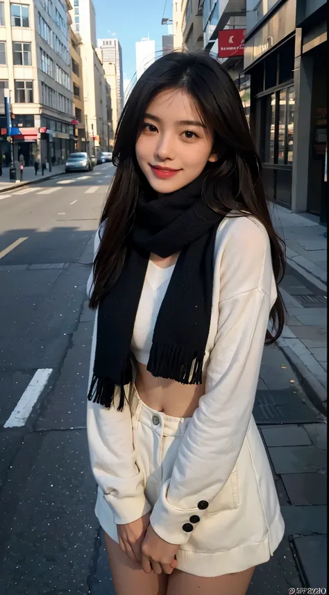 masterpiece, actual, 8k, ultra high definition, Photo of the street center shows a lovely, 27 years old. In this photo, It&#39;s obvious that she has sharp eyes and a pointed nose, But she has a lovely smile. her chest is very large. Maximizes the contours...