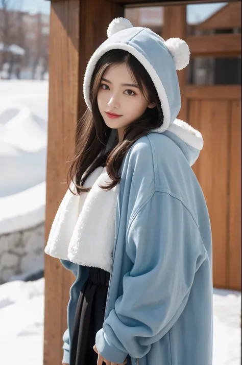 1 girl，hoody，fur cape，Blue hair，ssmile，Lolita costume，Extra-long hair，Red bow hair ornament，Squat and sit，The content is very detailed,center frame,Focus sharp,城市，natta，Snow resort，Blizzarding，luring，8K，tmasterpiece，winning artwork，