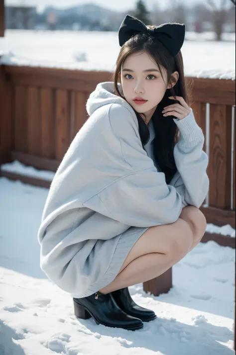 1 girl，hoody，fur cape，Blue hair，ssmile，Lolita costume，Extra-long hair，Red bow hair ornament，Squat and sit，The content is very detailed,center frame,Focus sharp,城市，natta，Snow resort，Blizzarding，luring，8K，tmasterpiece，winning artwork，