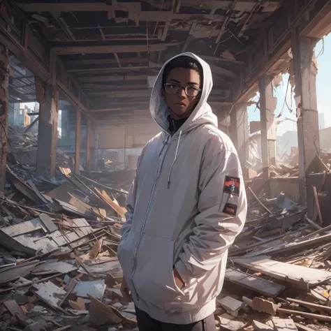 Capture the breathtaking moment as a young, dark-skinned man wearing glasses, dressed in a crisp white windbreaker hoodie, holds a katana while inspecting the remains of a building turned to rubble by an explosion. This RAW masterpiece showcases an ultra-h...