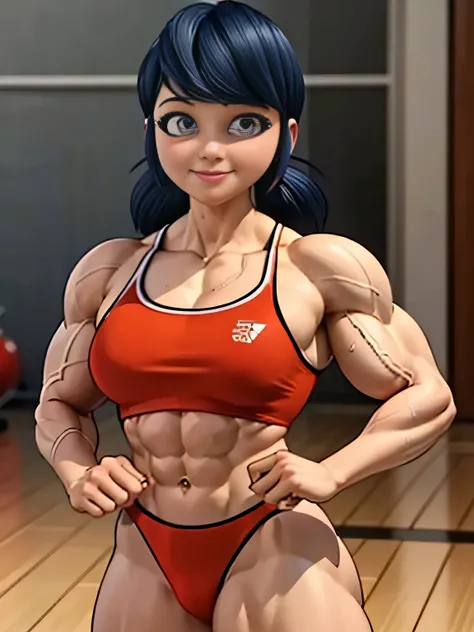 (best quality,4k,8k,highres,masterpiece:1.2),ultra-detailed,(realistic,photorealistic,photo-realistic:1.37),(big,strong) muscular (female) bodybuilder, (small) smile, (red) bikini, (rippling) muscles, (strong) physique, (two) short pigtails, (bed) side che...