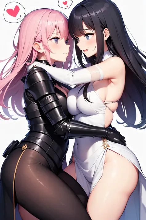 2girls, yuri, couples, (hug:1.1), kneeing, armored dress, curvy, eye contact, (spoken heart:1.3), (spoken heart:1.3), (spoken heart:1.3 ), white simple background, (masterpiece, Best Quality:1.3)