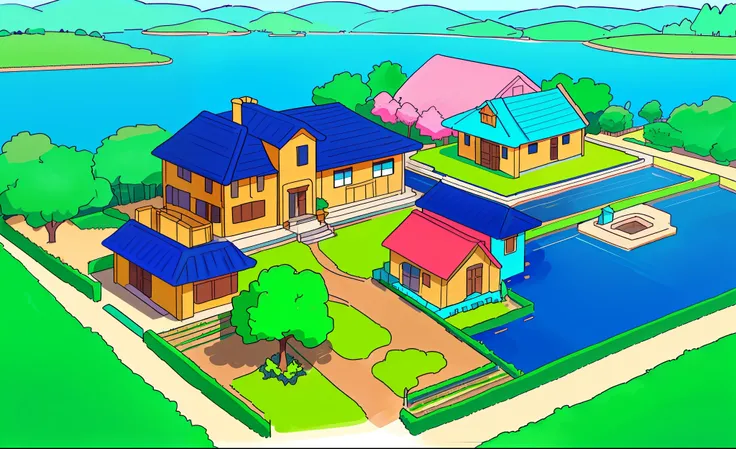 Level designe de um vilarejo com quatro casas, next to the house on the left there is a plantation next to a lake.  There are many trees around the village. isometric vision. Cellshade. Anime fofo.  