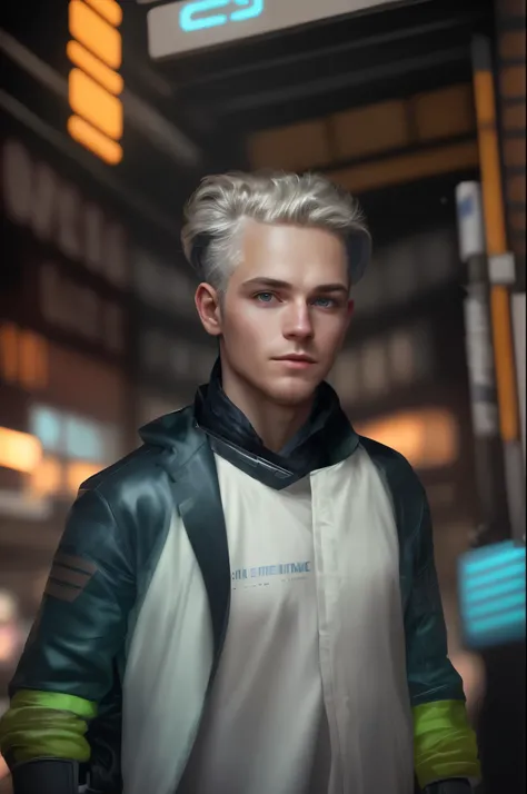 "Cyberpunk portrait photography featuring a handsome young man, gazing off-camera, donning a luminous futuristic jacket. His face displays remarkable realism, with his eyes peeking through his hair, set in their rightful position. His skin appears natural,...