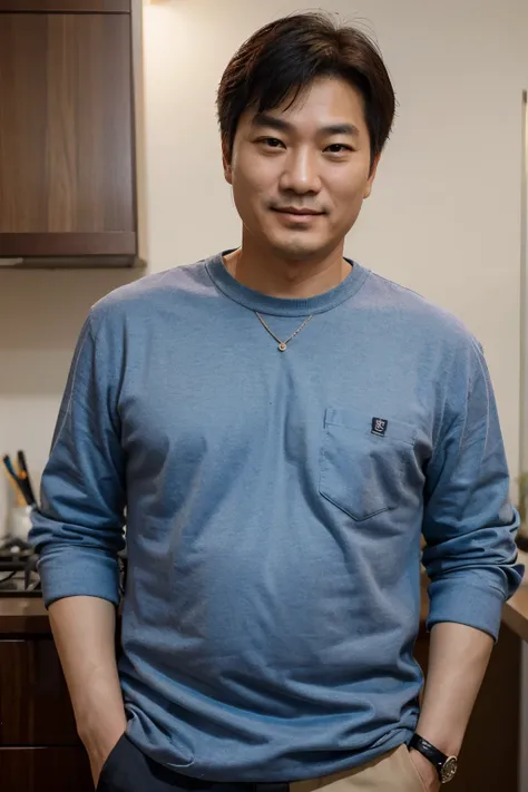 Draw a Korean middle-aged man with a vibe commonly seen in product reviews. Portray him facing forward with a slight smile.