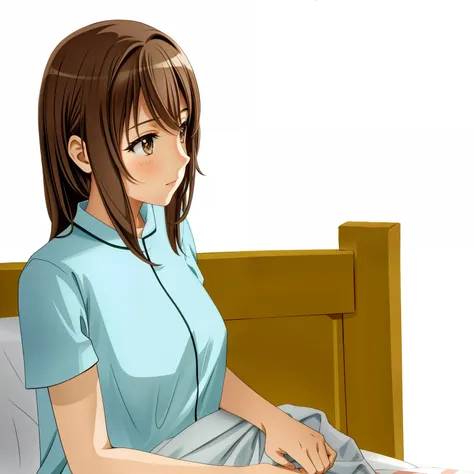 anime brown eyes girl wearing pajama sitting on bed with blanket, 