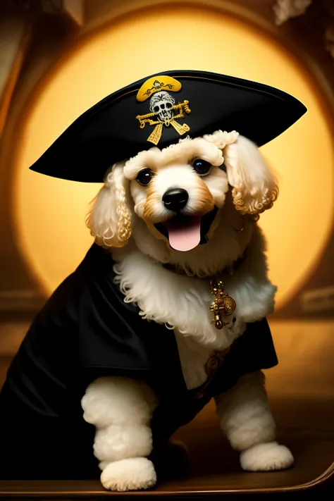 In the dimly lit scene, a young, grinning Captain Jack Sparrow with his long, wavy hair and a cute, adorable white toy poodle emerge from the depths of a pirate hat. The poodles face is only partially revealed as it stands erectly on the ships deck, with i...