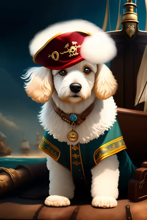 In the dimly lit scene, a young, grinning Captain Jack Sparrow with his long, wavy hair and a cute, adorable white toy poodle emerge from the depths of a pirate hat. The poodles face is only partially revealed as it stands erectly on the ships deck, with i...