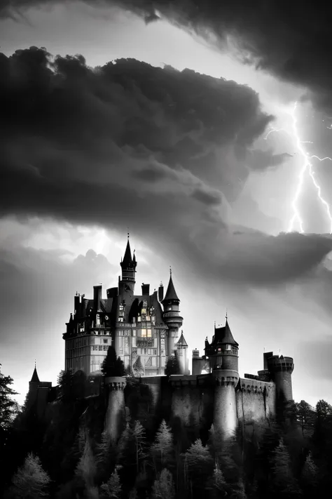 A breathtakingly majestic castle perched atop a rugged hill, its grand silhouette bathed in the ethereal glow of lightning, casting an enchanting spell. Moody and mysterious, this detailed black and white photograph captures the haunting beauty of the cast...