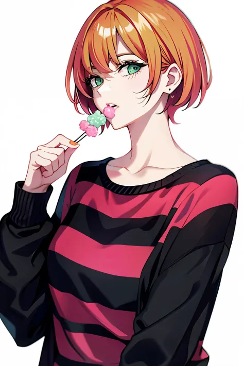 orange short hair, eating candy, body facing forward, black mixed pink striped sweater, white background