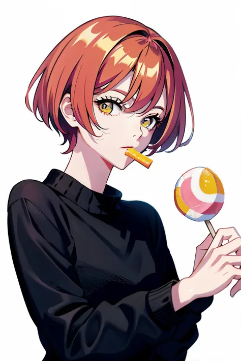 orange short hair, holding and eating candy, body facing forward, black mixed pink striped sweater, white background