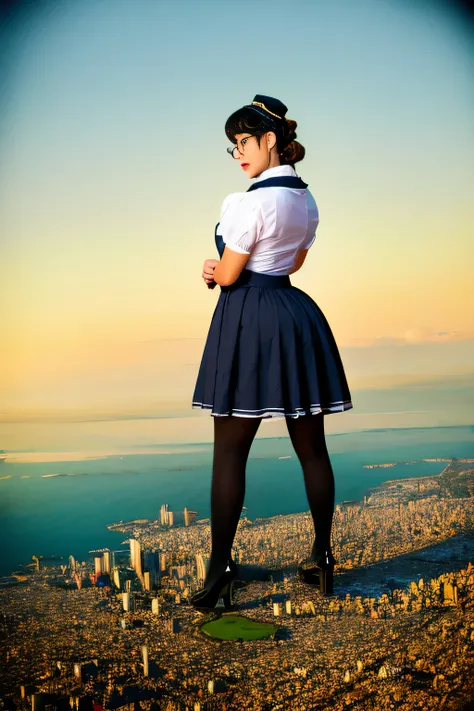 Giantの芸術, 非常に詳細なGiantショット, Giant, short hair, A maid that is much bigger than a skyscraper, wearing rimless glasses, big breasts, big ass, navy maid uniform, black pantyhose, black shoes, very small metropolis, miniature metropolis, full body description, ...