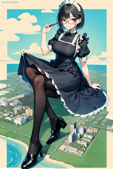 Giantの芸術, 非常に詳細なGiantショット, Giant, short hair, black pantyhose, A maid that is much bigger than a skyscraper, wearing rimless glasses, big breasts, big ass, navy maid uniform, black pantyhose, black shoes, very small metropolis, miniature metropolis, full b...