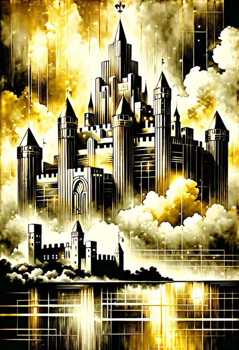 double exposure: Art Deco style of Tonalism and Expressionism, gold and black, Fine brush strokes, flash, cloud, city, Iris, Silver and Gold, black and white, recollection matrix, Fine brush strokes, back glow, pale palette, high contrast, high quality, in...