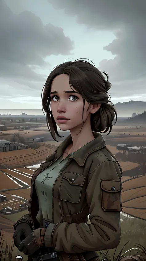 Foto hiperrealista en primer plano de Kelsey Asbille, Create dystopian masterpieces. Depict a rural landscape in the rugged style of the games concept art. This work should evoke a sense of abandonment and despair in a futuristic, post-apocalyptic world. N...