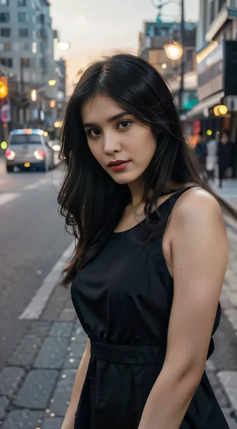 (best quality,realistic,highres:1.2),beautiful indian girl,stylish modeling dress,detailed facial features,long black hair,bright eyes,delicate nose and lips,crossing the road at night,confident and bold look,dynamic pose,full body shot,nighttime cityscape...