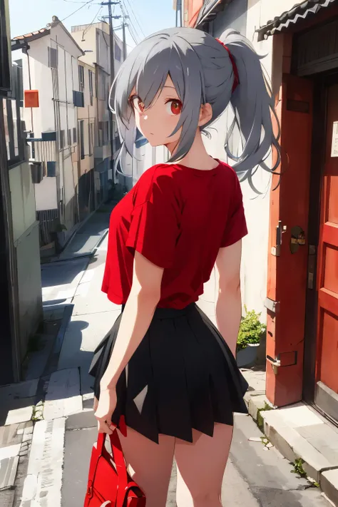 A Japanese girl named Eva, with grey hair cascading down her back in a long ponytail, is depicted in this captivating image. She is dressed in a red T-shirt that accentuates her  frame, paired with a mini skirt that adds a playful touch to her outfit. A bl...