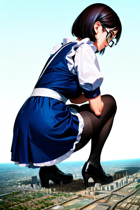 Giantの芸術, 非常に詳細なGiantショット, Giant, short hair, A maid that is much bigger than a skyscraper, wearing rimless glasses, big breasts, big ass, navy maid uniform, black pantyhose, black shoes, very small metropolis, miniature metropolis, squatting and urinating...