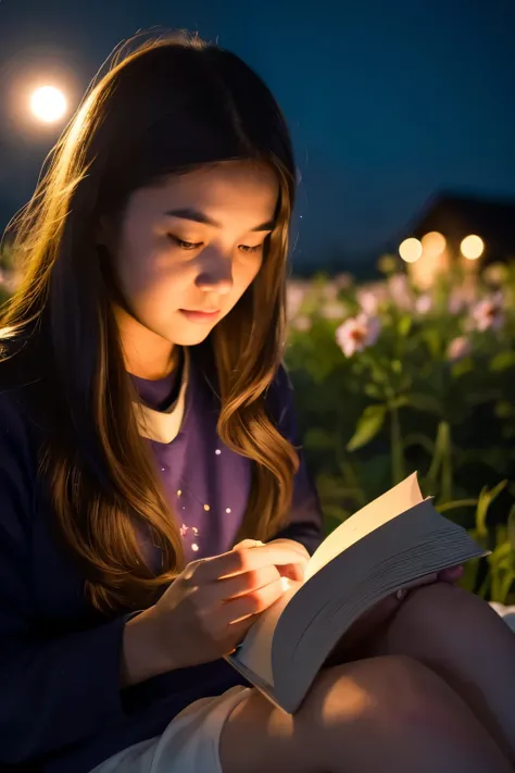 An INFJ young woman reading a soul-stirring book under the night sky. Around her, there is a beautiful energy reminiscent of blooming flowers in her heart.