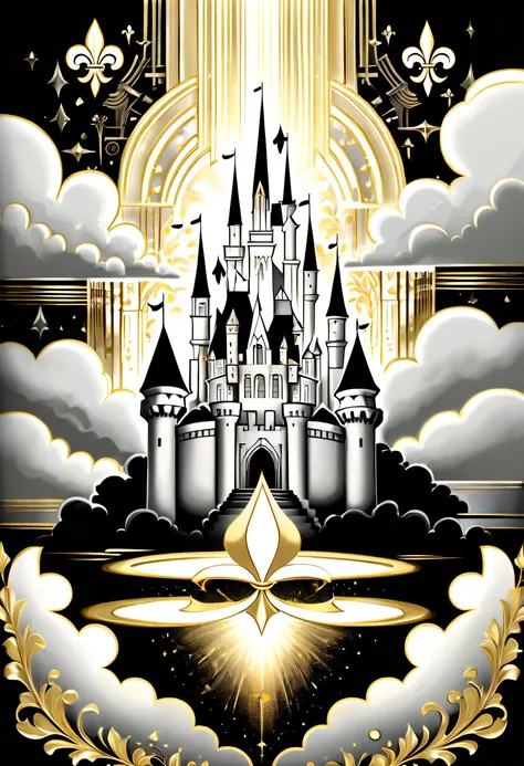 art deco, gold and black, Fine brush strokes, flash, cloud, city, Iris, Silver and Gold, black and white, recollection matrix, Fine brush strokes, back glow, pale palette, high contrast, high quality, intricate details, A breathtaking masterpiece, Nietzche...