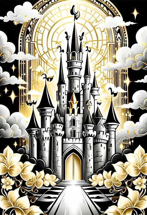 art deco, gold and black, Fine brush strokes, flash, cloud, city, Iris, Silver and Gold, black and white, recollection matrix, Fine brush strokes, back glow, pale palette, high contrast, high quality, intricate details,