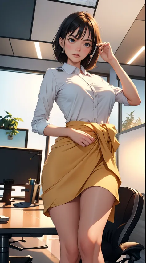 Masterpiece, Excellent, (Office: 1.8), CG drawing with super high detail, standing, 1 royal sister, angry, a woman with short tan hair, layered dress, hands crossed at waist, facing the audience, illustration, wide angle panorama