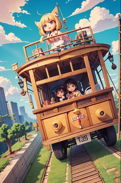 Poster, background blue sky white cloud Pixar style, 3D, an orange cute metal texture minecart flying in the air, cute children driving minecarts, cartoons cute, a lot of details, front and rear space sense is obvious, the picture should have impact