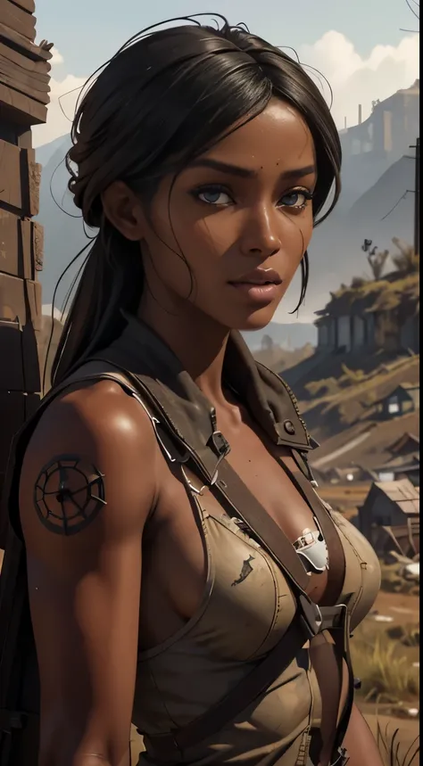 Foto hiperrealista en primer plano de Naomi Campbell, masterpiece, best quality, (photorealistic:1.4),  Create dystopian masterpieces. Depict a rural landscape in the rugged style of the games concept art. This work should evoke a sense of abandonment and ...