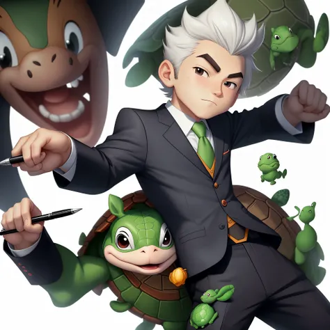 Cartoon character IP, wearing a Chinese suit, holding a pen, a turtle boy, a pure white background