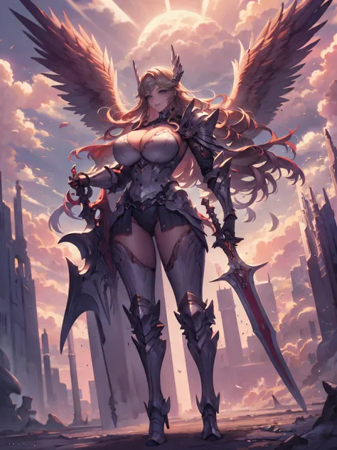 redhead girl, skin scars, viking, viking,Unusually strong RPG art style, fantasy art style、((masterpiece)), highest quality, absurd, Super detailed, 8K, blonde angel, Valkyrie, golden armor, cleavage, large white wings, curly hair, Long spear, smile, heave...