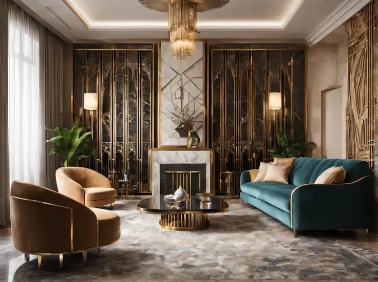 large living room decorated in art deco style., metal partitions separate different areas of the living room, metal ventilation ...