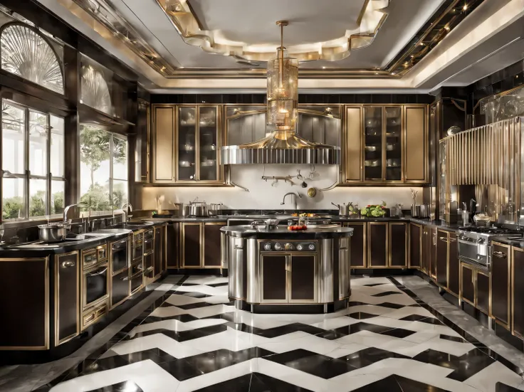 Spacious kitchen designed in art deco style., kitchen furniture in the art deco style is cleverly arranged and forms a single ensemble of the kitchen space, metal ventilation grilles in the walls elegantly combine with the decoration and decor of the kitch...