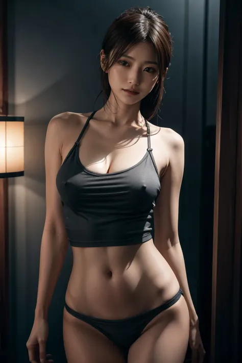 (nsfw:0.8), (Elegant Japanese woman in her 40s 1.5), (Big natural breasts) 1.4, (Nipples) 1.8, Tank top, shy smile, (RAW photo, highest quality), (Real, Photorealistic :1.3), Best Quality, Masterpiece, Beautiful, 16K, (HDR: 1.4), High Contrast, (Vivid Colo...