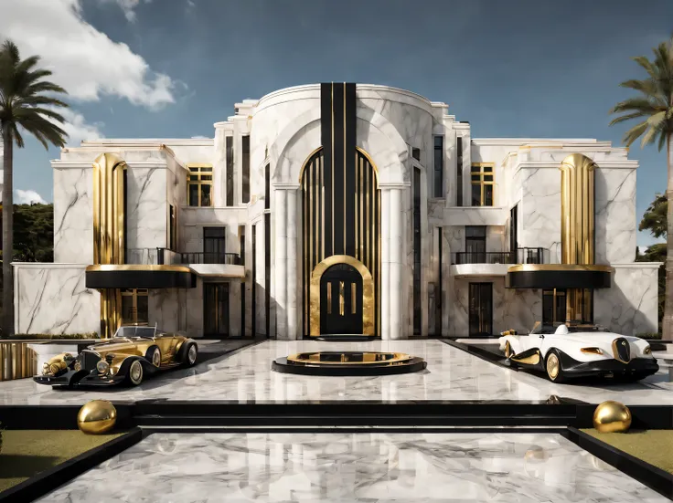 Art Deco house., the architecture of the estate combines strict regularity and bold geometric lines, decor in halftones, modern expensive materials combine marble with ebony and gilded elements, strictly consistent with Art Deco style., Artistic photograph...