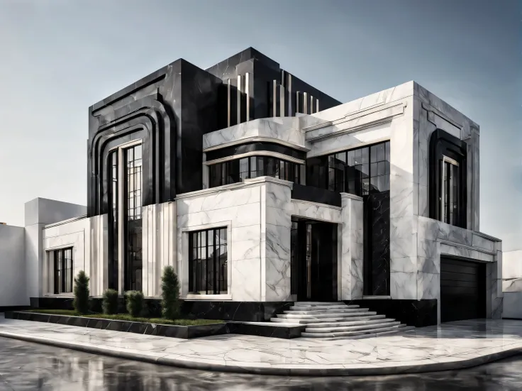 art deco house., the architecture of the building combines strict regularity and bold geometric lines., design in halftones, mod...