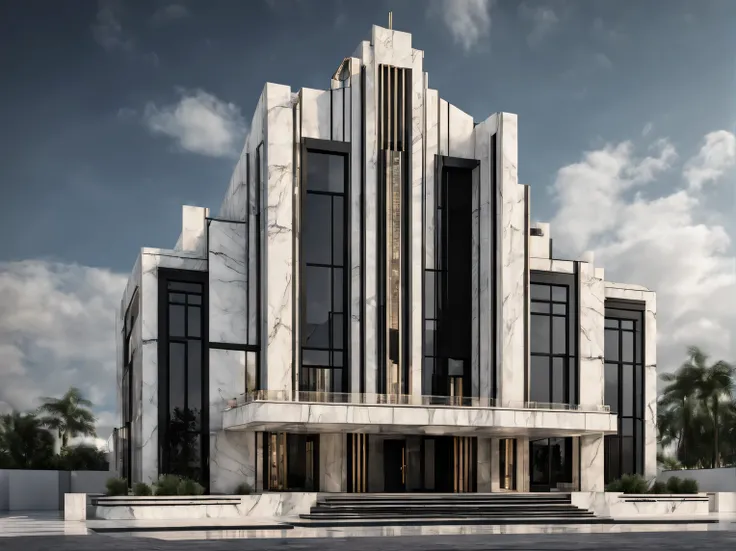 Art Deco house., the architecture of the building combines strict regularity and bold geometric lines., design in halftones, modern expensive materials combine marble with black stone, strictly in keeping with Art Deco style, Artistic photography, RAW, hig...