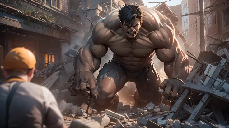 Capture the explosive moment as the incredibly hulk burst out of the rubble,  the remains of a building turned to rubble by an explosion. This RAW masterpiece showcases an ultra-high resolution, photorealistic full-body portrait, illuminated by the warm gl...