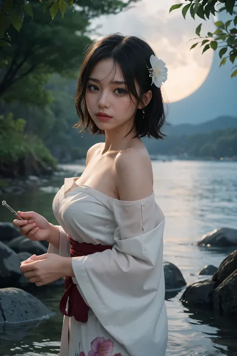 1 girl, chest, moon, lanthanum, night, alone, large chest, hair ornaments, Wet, kimono, kimono, water遊び, water, hair flower, flower, outdoor, null, full moon, rain, black hair, off shoulder, Mountain, cloud, holding, sash, bare shoulders, paper lanthanum, ...